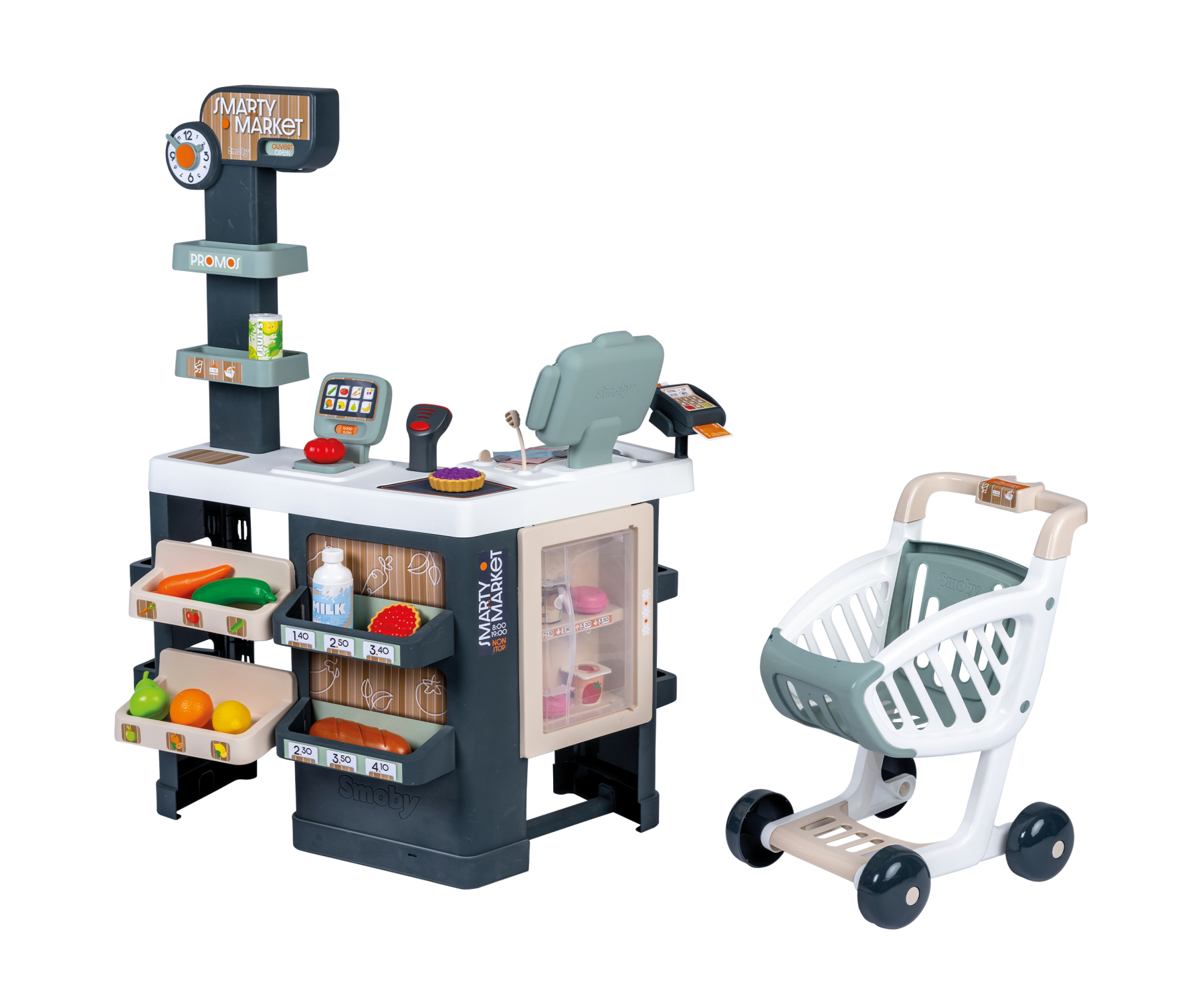 סופרמרקט לילדים Smoby Smarty Market עם קופה, מדפים, מקרר ועגלת קניות