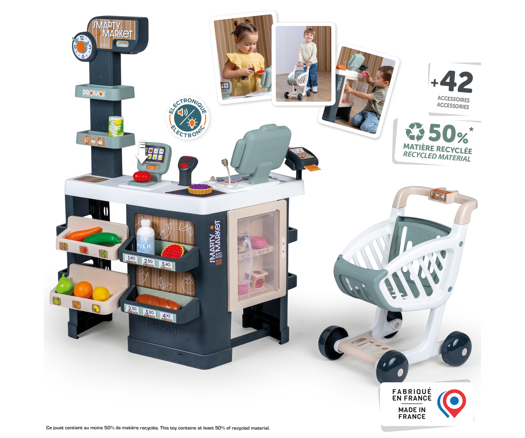 Smoby Smarty Market עם סימון 42 אביזרים, 50% חומר ממוחזר ומיוצר בצרפת