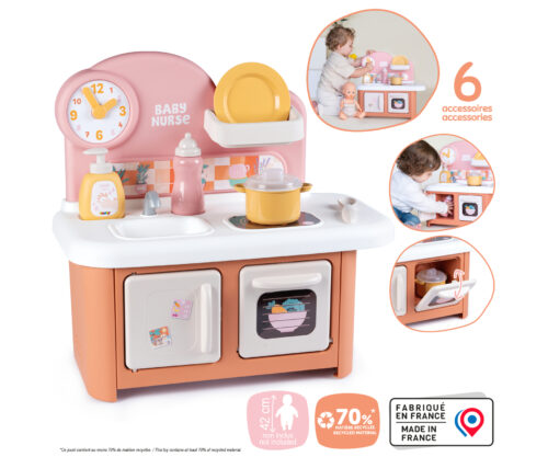 מטבח Baby Nurse של Smoby עם סימון 6 אביזרים, 70% פלסטיק ממוחזר ומיוצר בצרפת