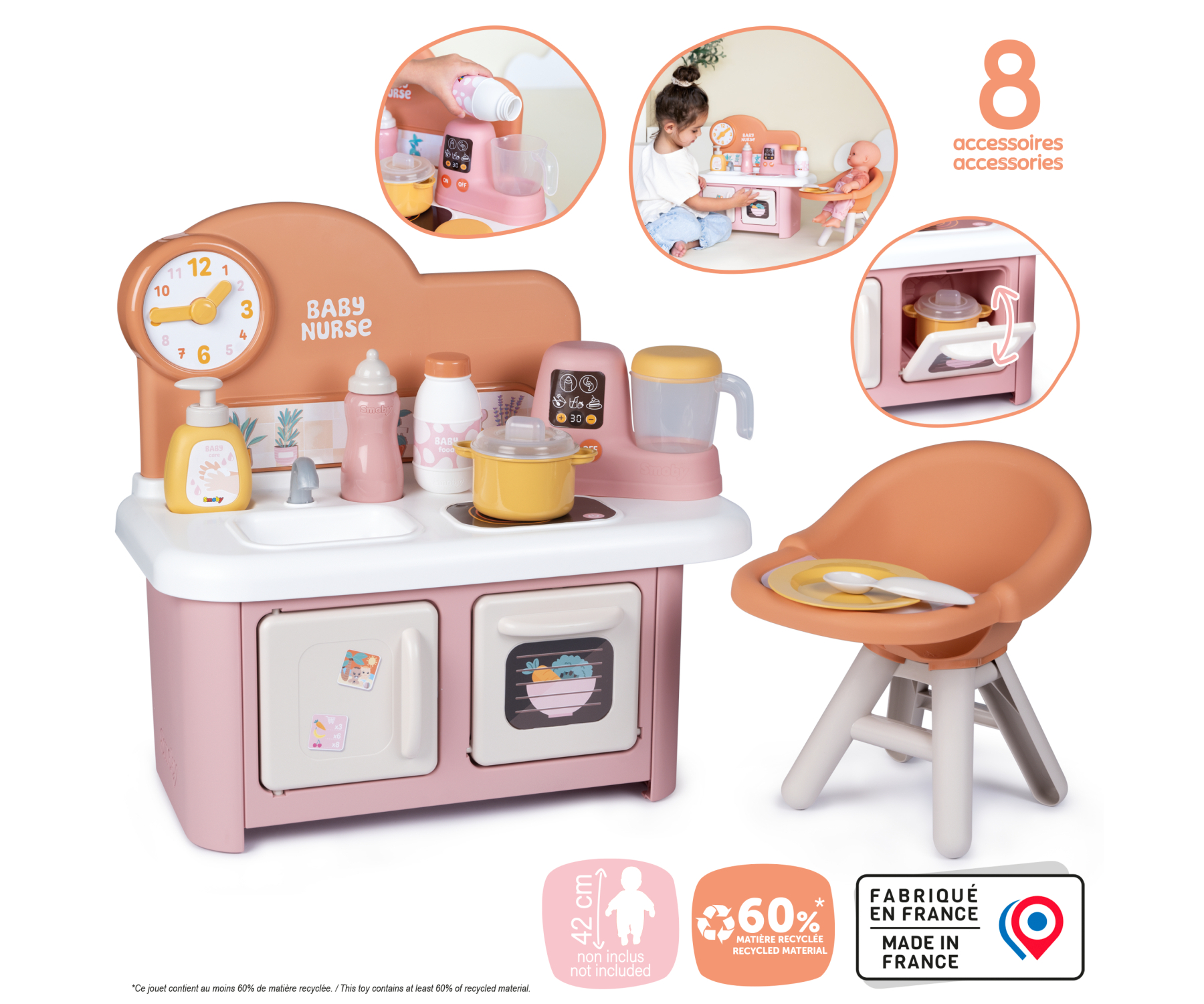 מטבח Baby Nurse עם כיסא אוכל, סימון 60% פלסטיק ממוחזר ומיוצר בצרפת