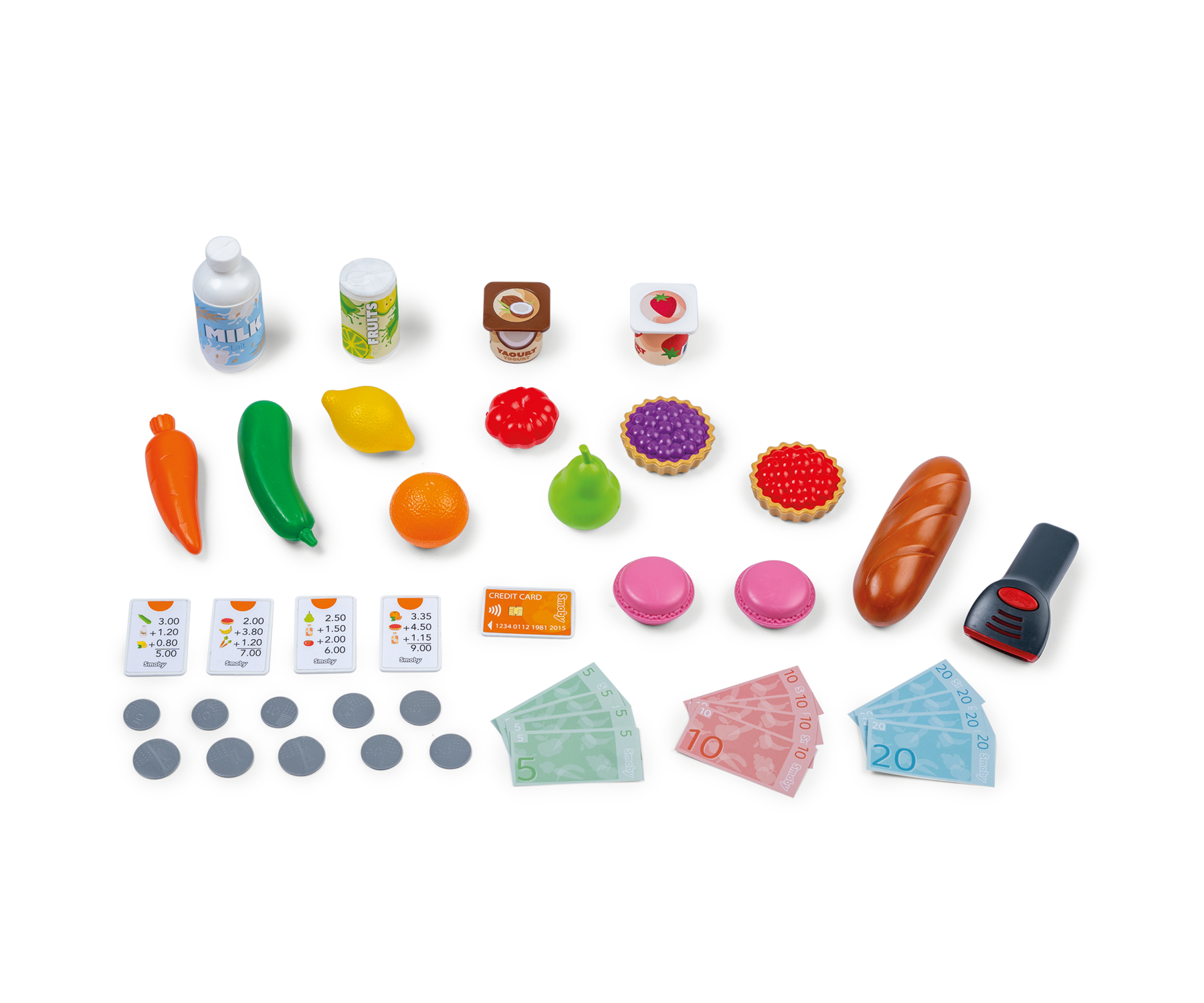 אביזרי Smoby Smarty Market: פירות וירקות, באגט, מקרונים, טארטלטים, קבלות, סורק, מטבעות ושטרות
